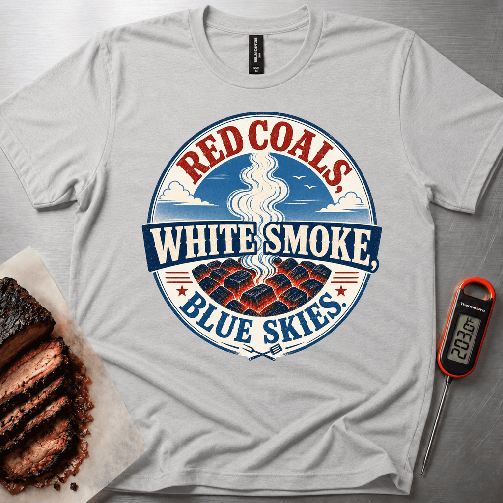 Red Coals, White Smoke Blue Skies t-shirt