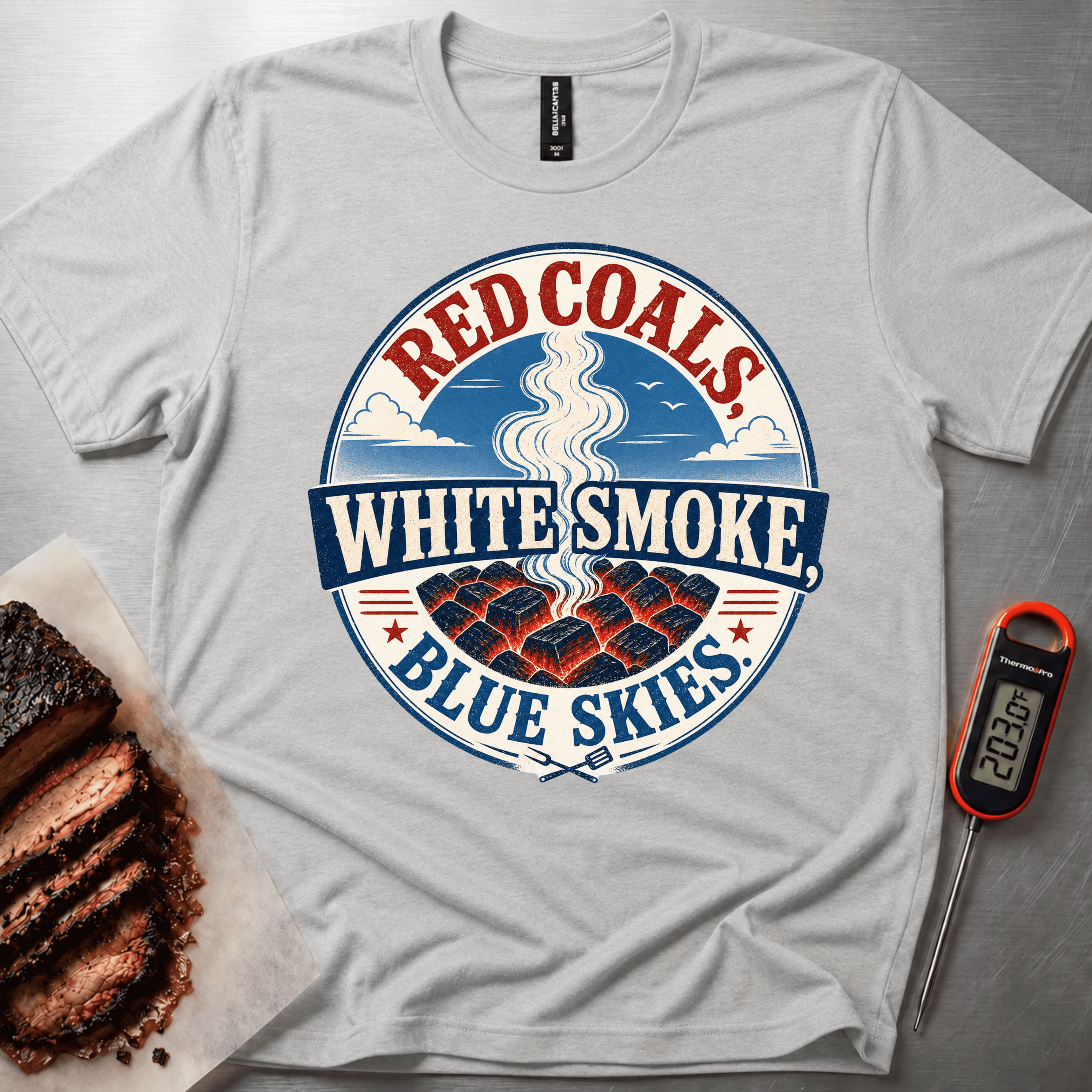 Red Coals, White Smoke Blue Skies t-shirt