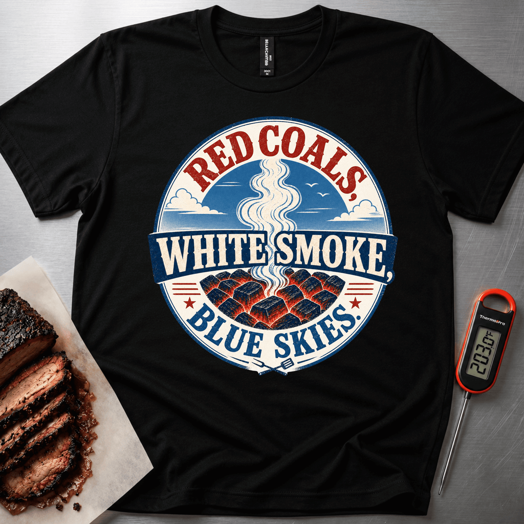 Red Coals, White Smoke Blue Skies t-shirt
