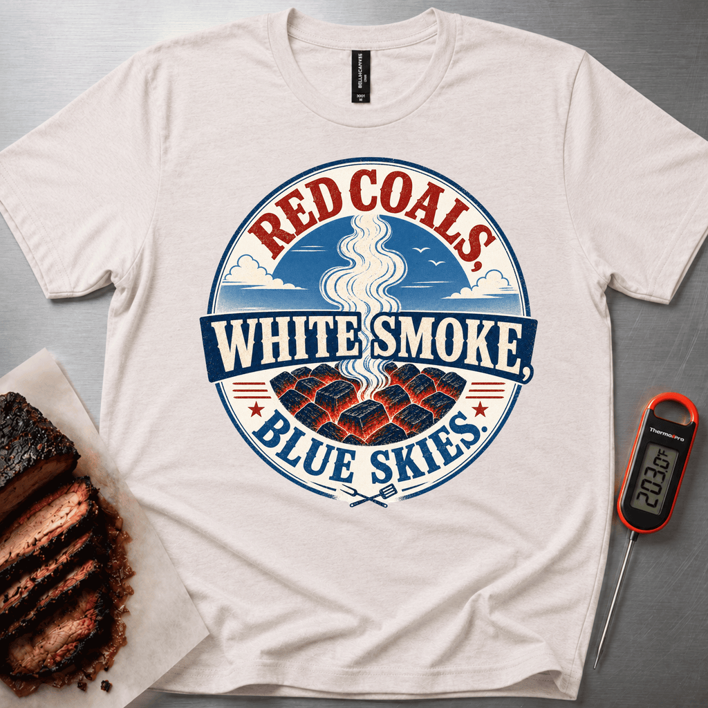 Red Coals, White Smoke Blue Skies t-shirt