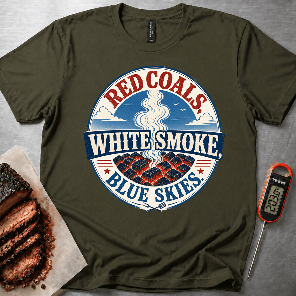 Red Coals, White Smoke Blue Skies t-shirt