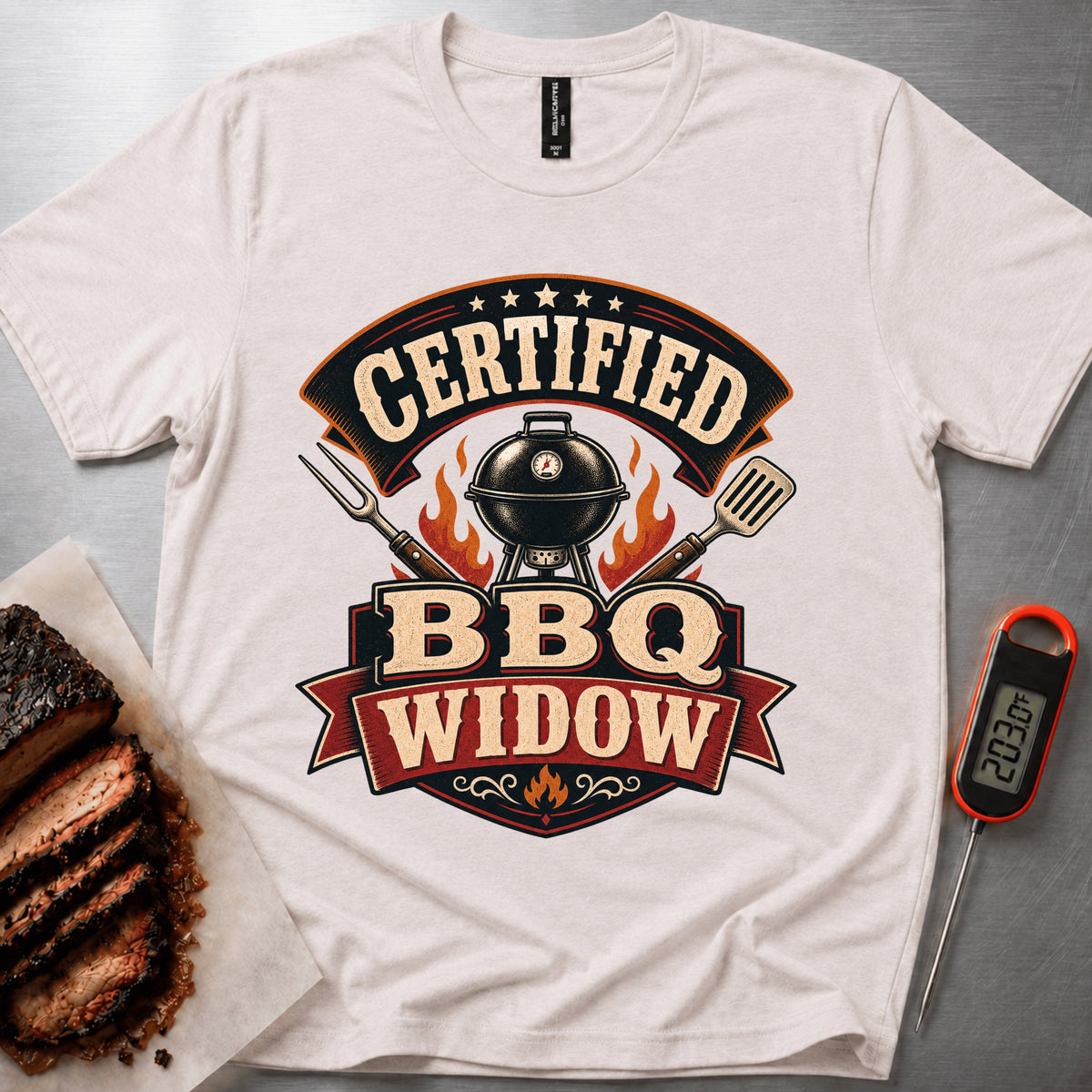 BBQ Widow t-shirt – Heather Dust